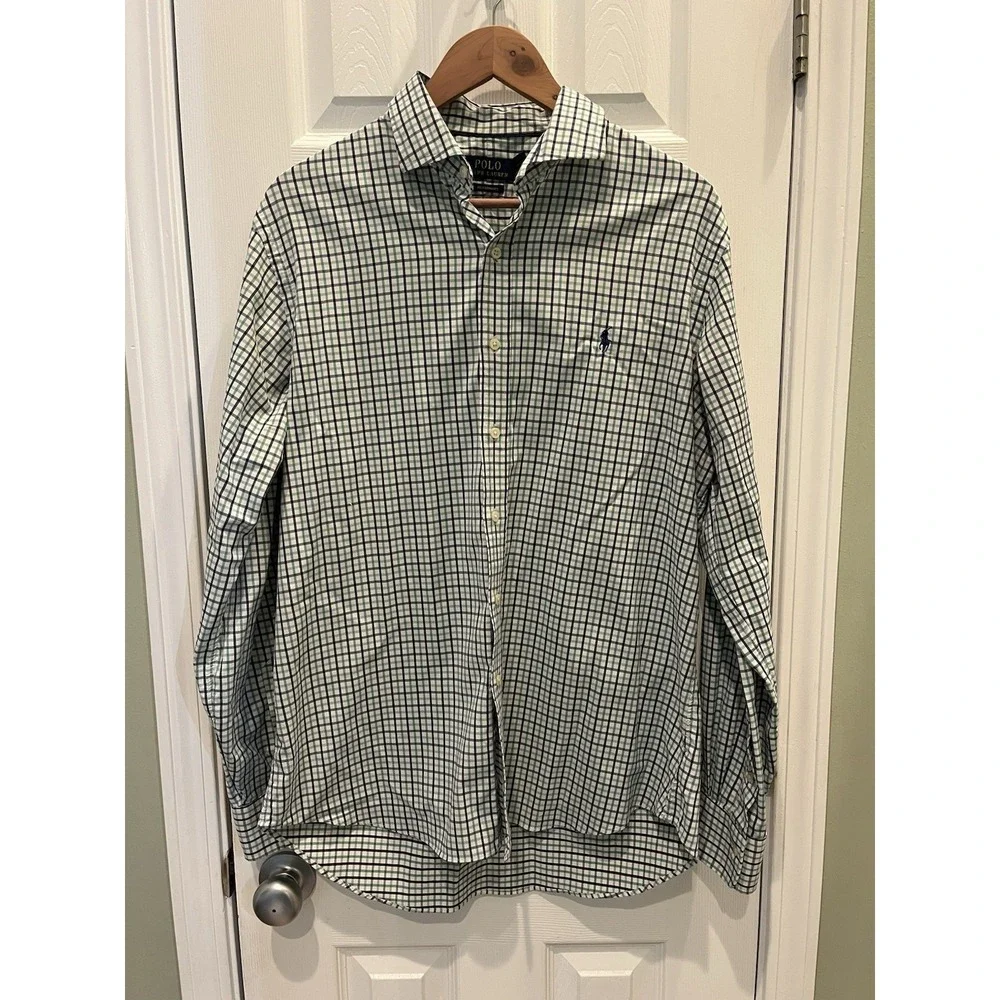 Polo Ralph Lauren Performance Men Large Blue Green‎ Tattersall Check Pony Oxford